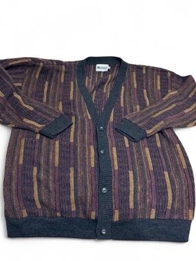 Vintage Burgundy and Brown Striped Men’s Cardigan Sweater